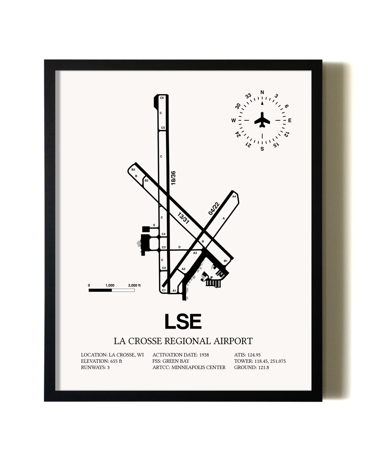 Framed La Crosse Regional Airport wall art poster in black frame