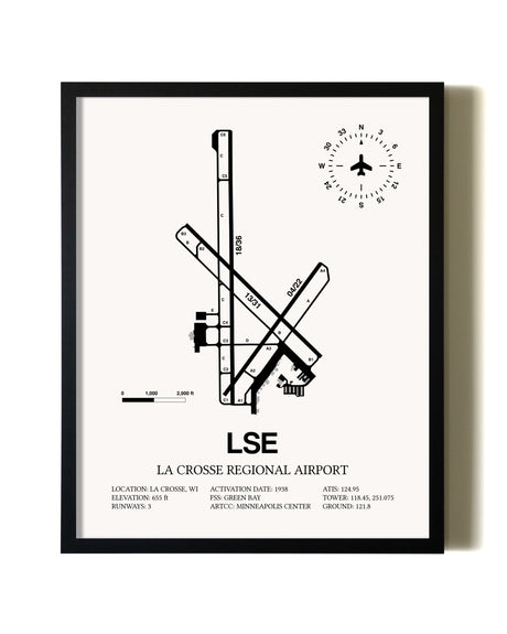 Framed La Crosse Regional Airport wall art poster in black frame