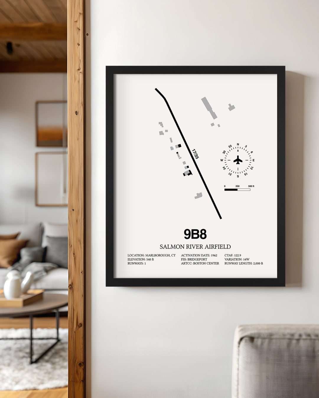 Framed Detailed Airport Map of Salmon River Airfield (9B8) in White with a Black Frame