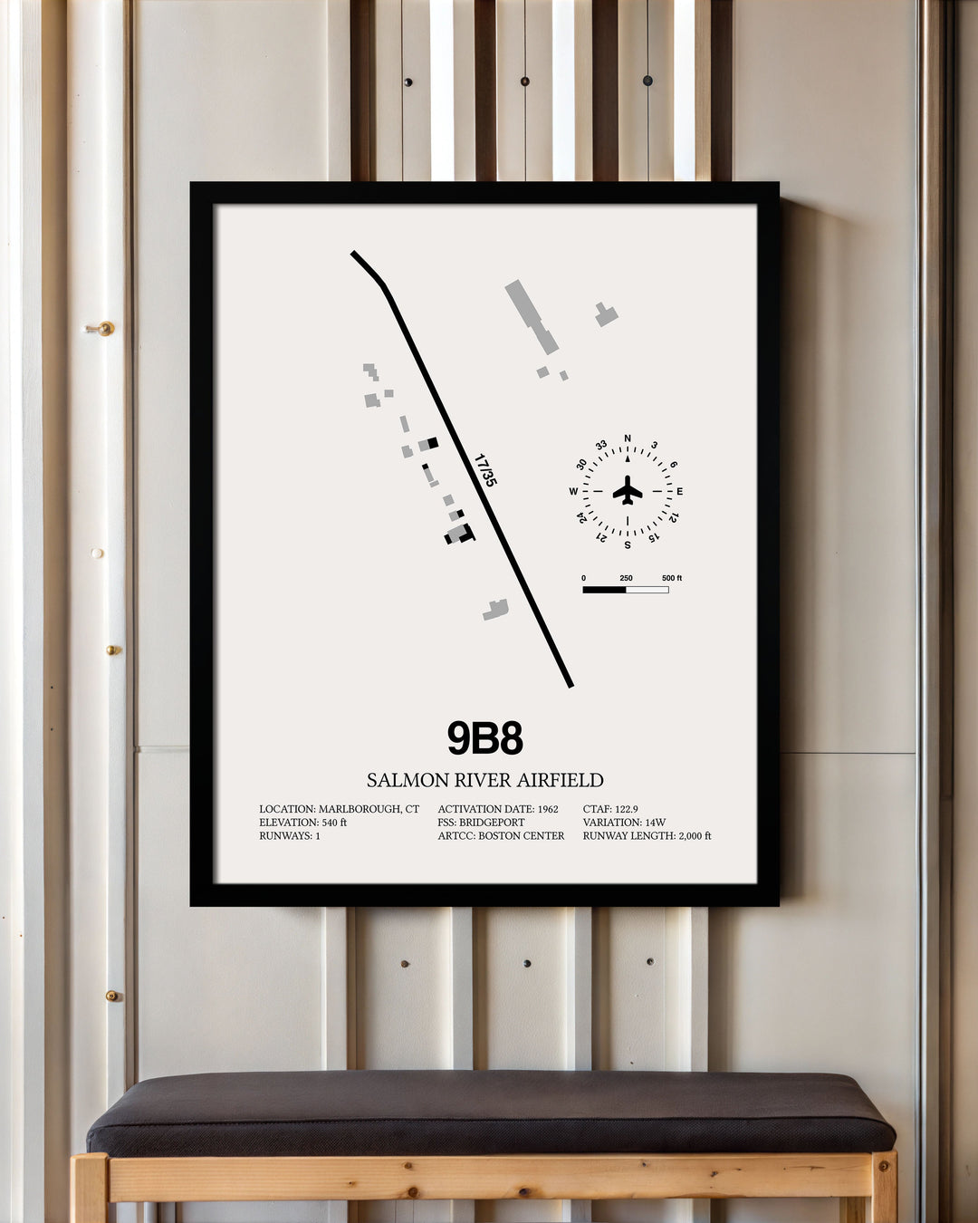 Framed Detailed Airport Map of Salmon River Airfield (9B8) in White with a Black Frame