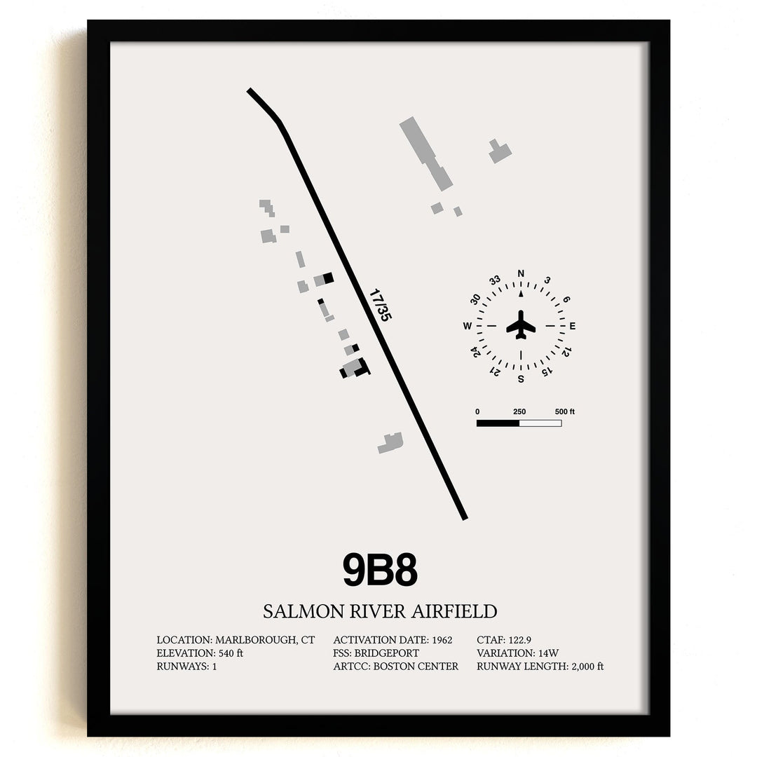 Framed Detailed Airport Map of Salmon River Airfield (9B8) in White with a Black Frame
