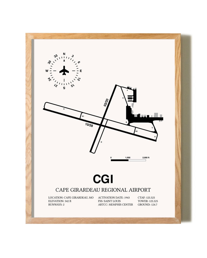 Cape Girardeau Regional Airport framed print in natural wood frame