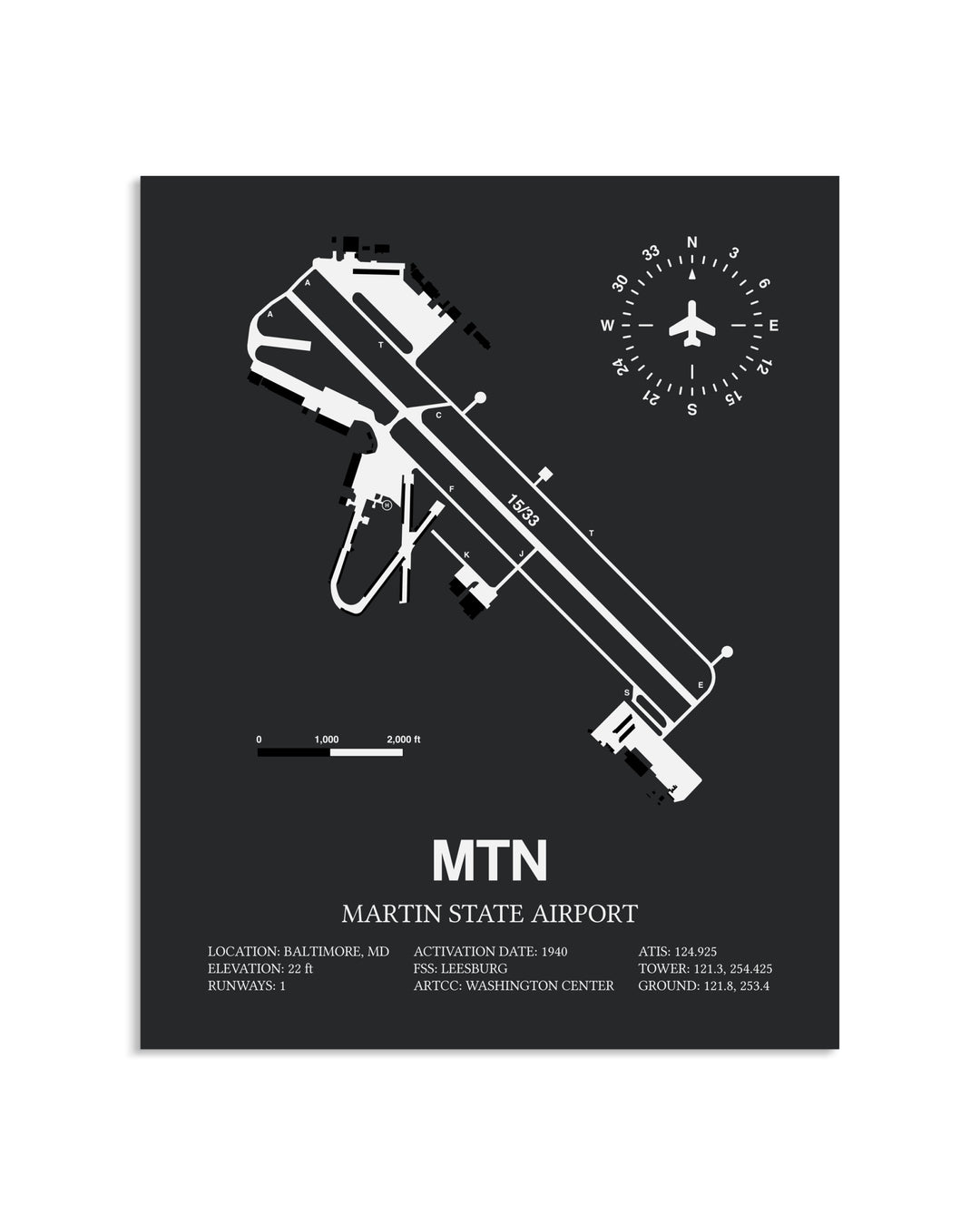 Gray Framed Martin State Airport layout wall art poster