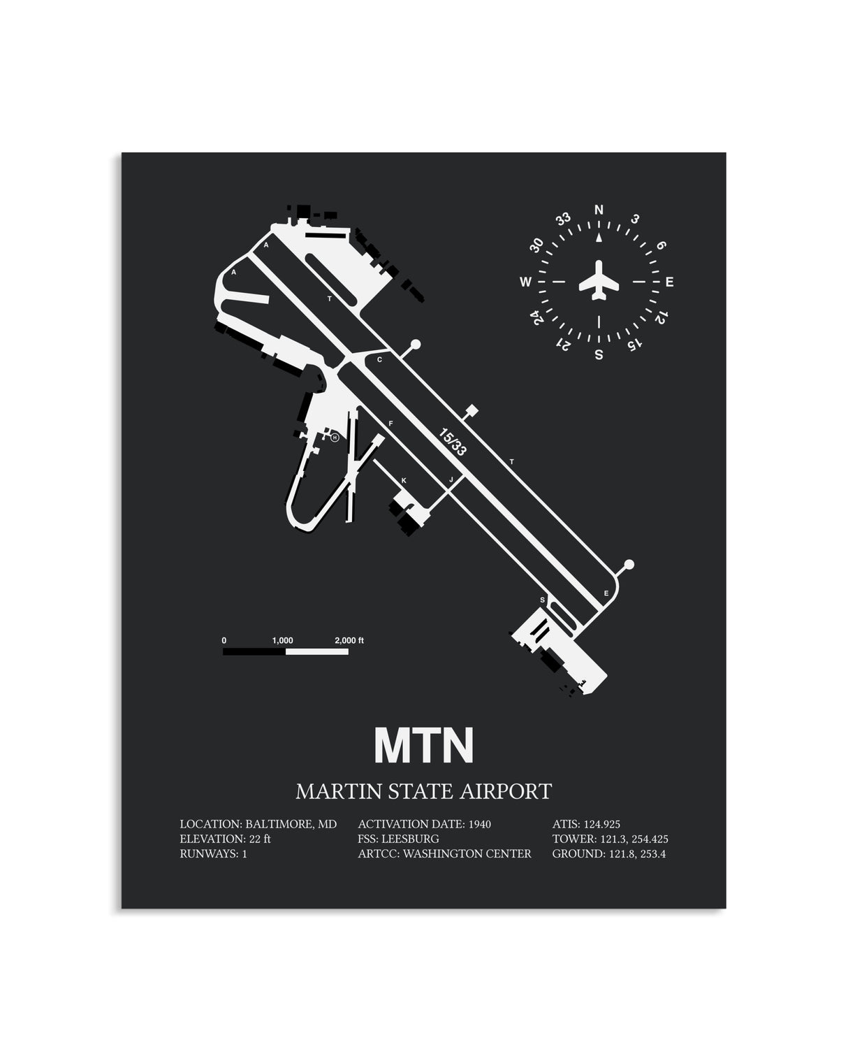 Gray Framed Martin State Airport layout wall art poster