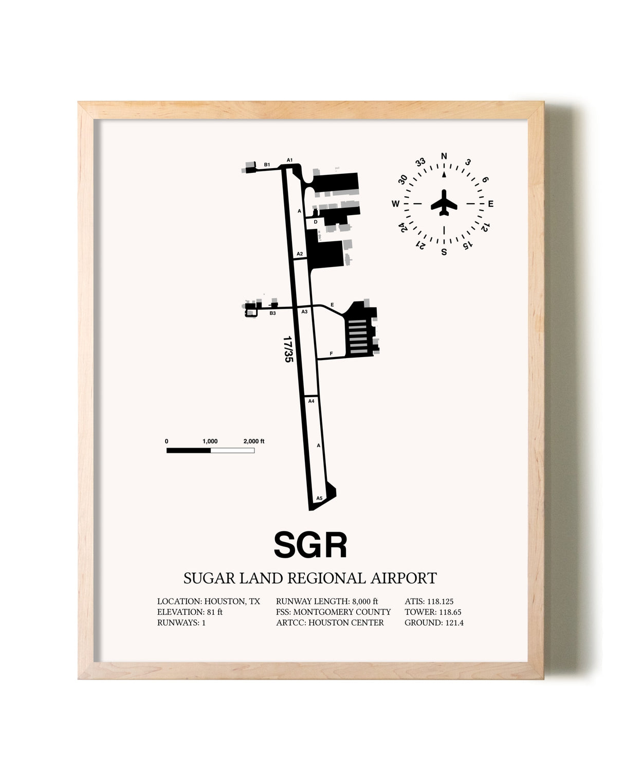 Sugar Land Regional Airport framed wall art in white frame