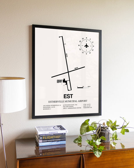 Estherville Municipal Airport aviation wall décor in black wood frame