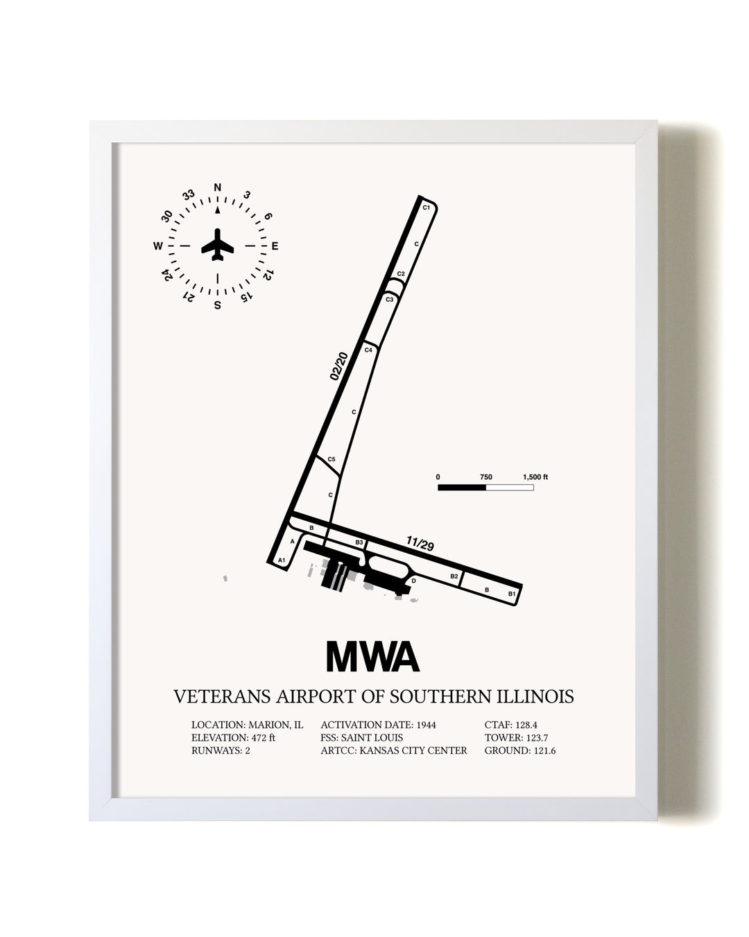 Veterans Airport Of Southern Illinois airport map poster in oak frame