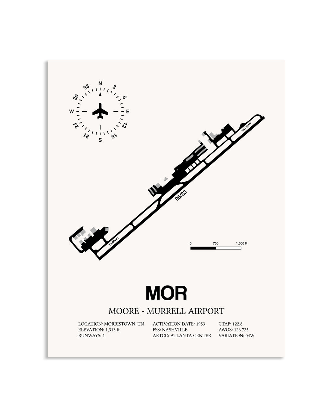 Gray Moore-Murrell Airport framed poster displayed in an airplane hangar