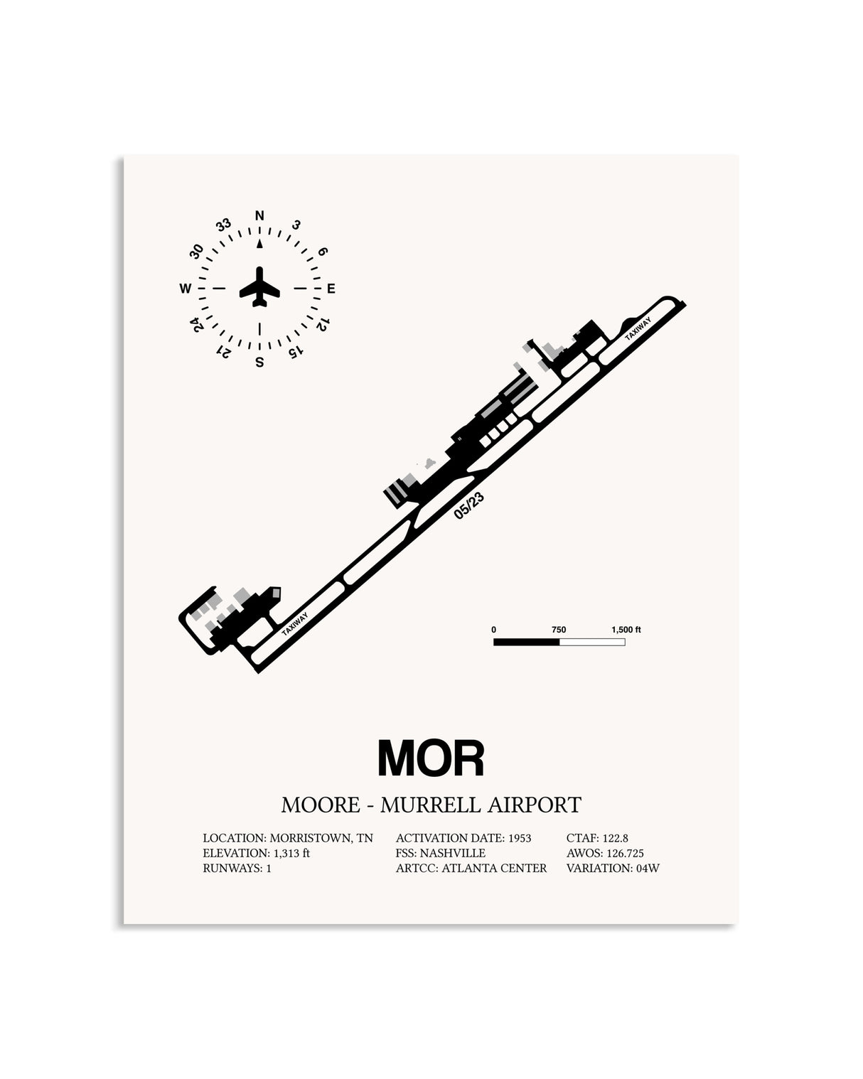 Gray Moore-Murrell Airport framed poster displayed in an airplane hangar