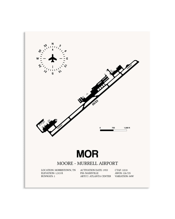 Gray Moore-Murrell Airport framed poster displayed in an airplane hangar