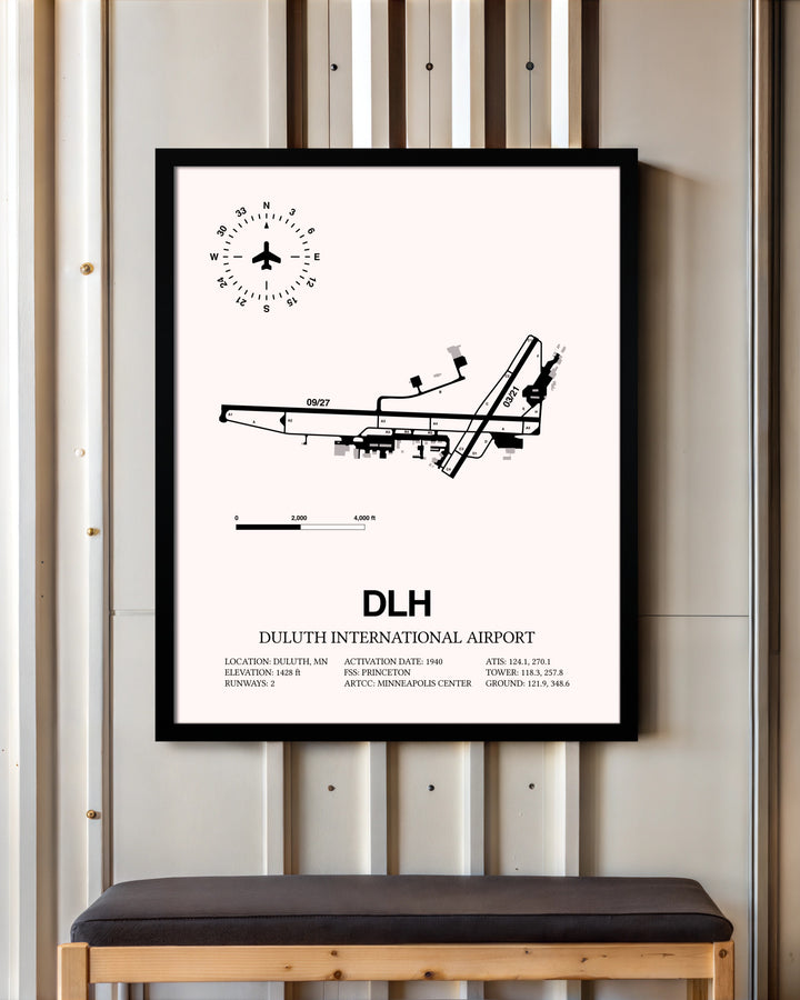 Duluth International Airport framed poster displayed in an airplane hangar