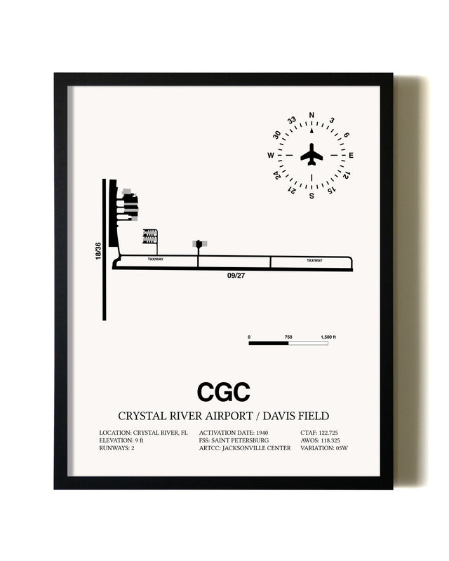 Framed Crystal River Airport / Davis Field wall art poster in black frame