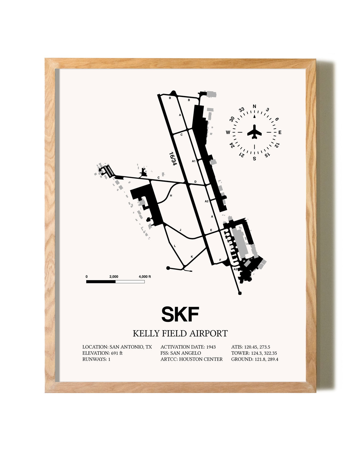 Kelly Field Airport framed print in natural wood frame