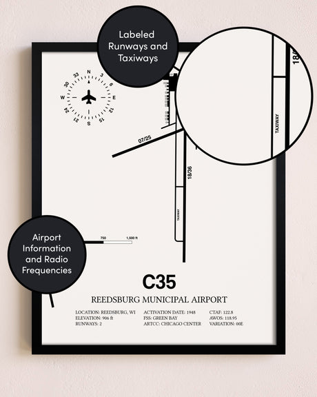 Framed Reedsburg Municipal Airport layout wall art poster