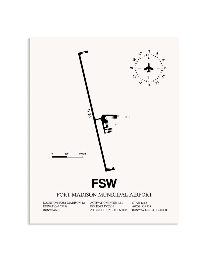 Gray Fort Madison Municipal Airport framed poster displayed in an airplane hangar
