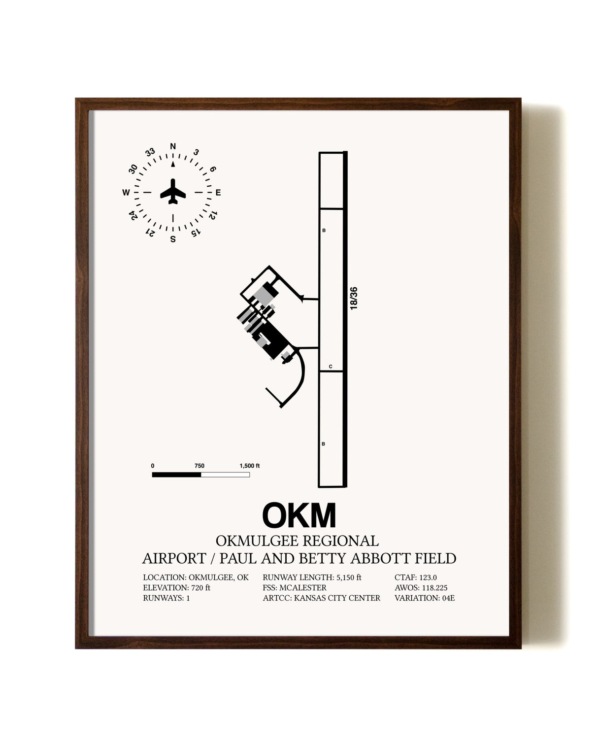 Okmulgee Regional Airport / Paul And Betty Abbott Field aviation print in walnut frame