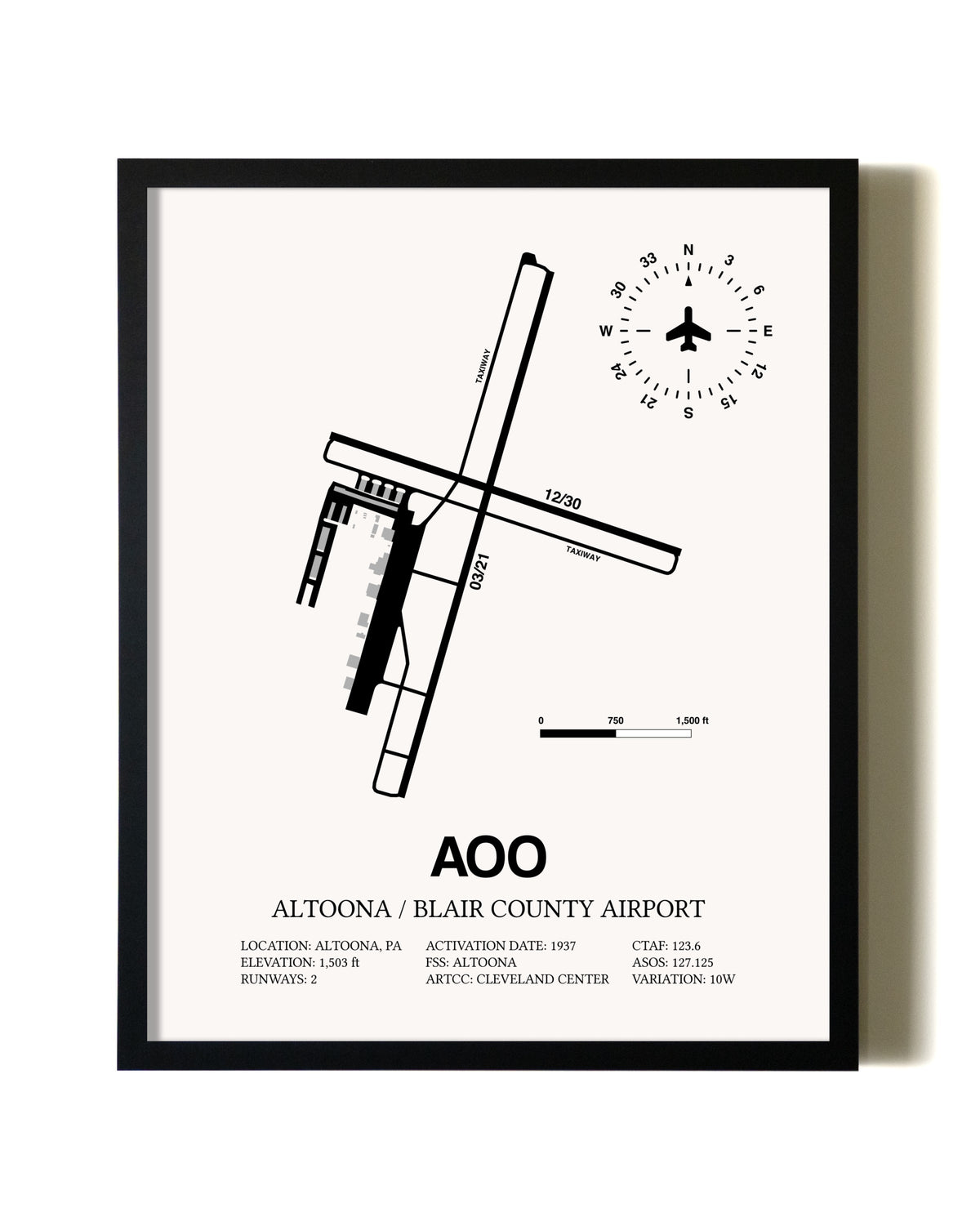 Framed Altoona / Blair County Airport wall art poster in black frame