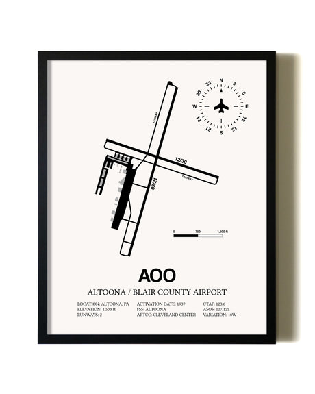 Framed Altoona / Blair County Airport wall art poster in black frame