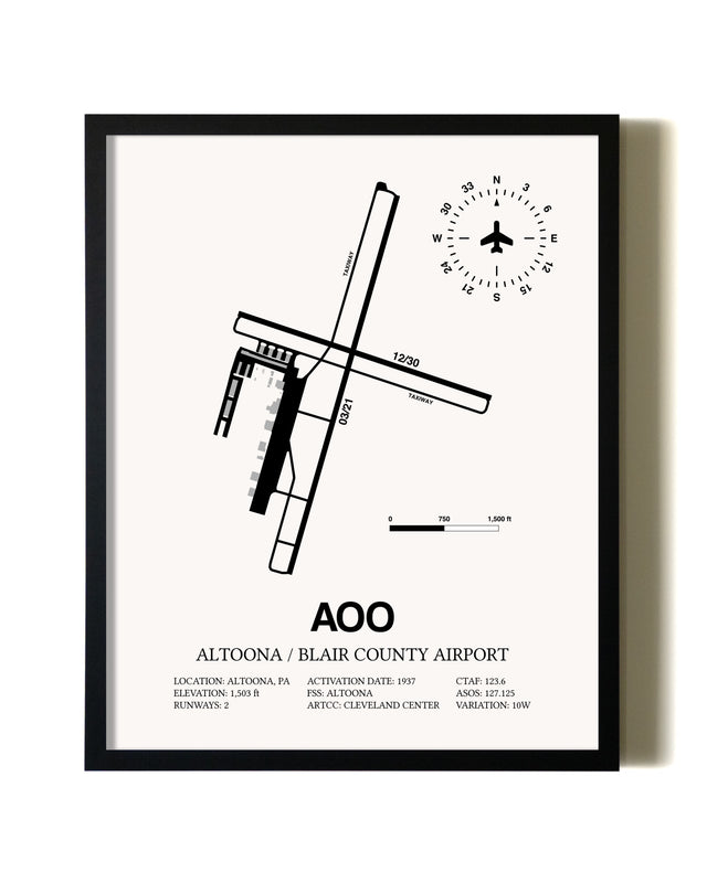 Framed Altoona / Blair County Airport wall art poster in black frame