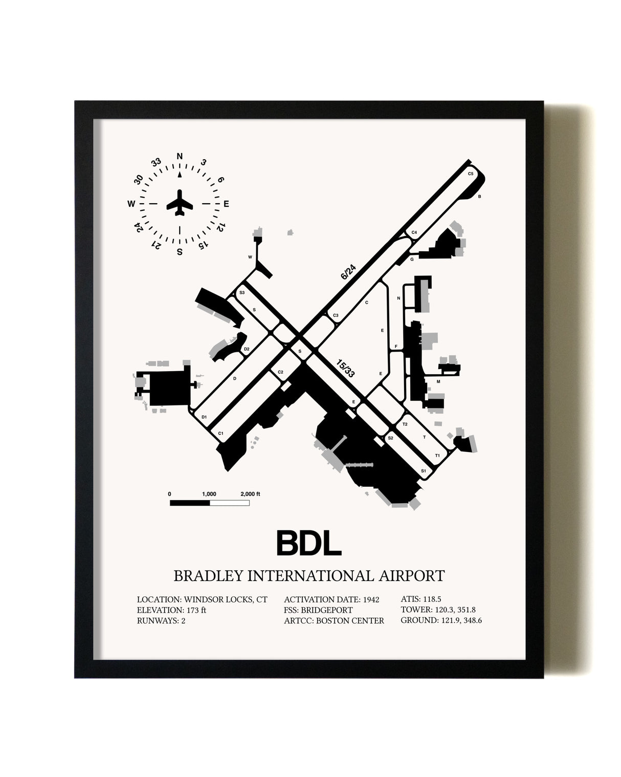 Framed Bradley International Airport wall art poster in black frame