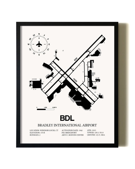 Framed Bradley International Airport wall art poster in black frame