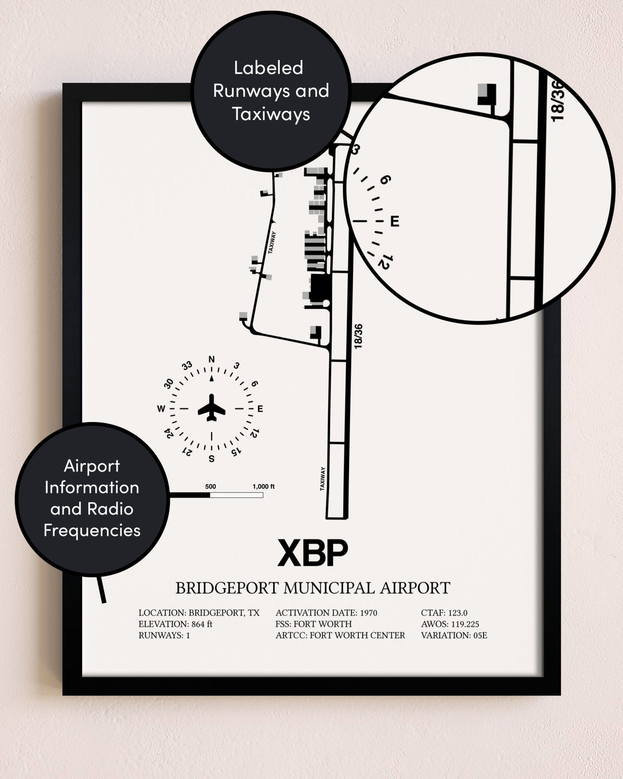 Framed Bridgeport Municipal Airport layout wall art poster