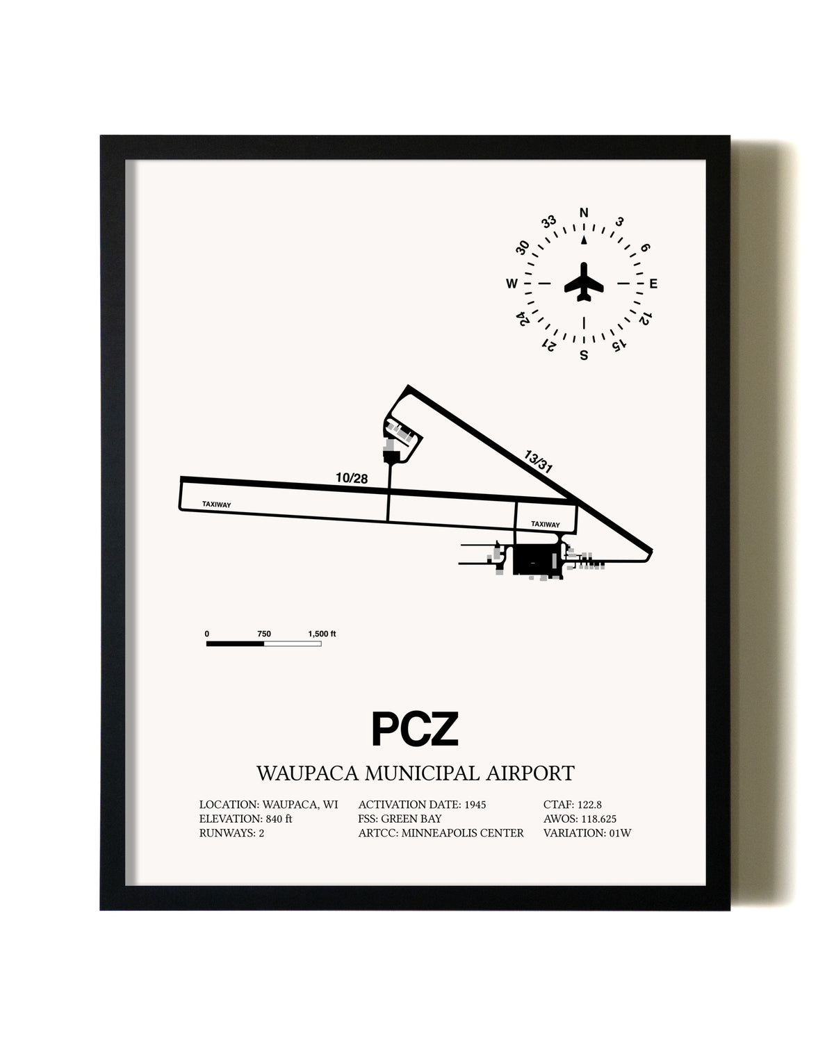Framed Waupaca Municipal Airport wall art poster in black frame