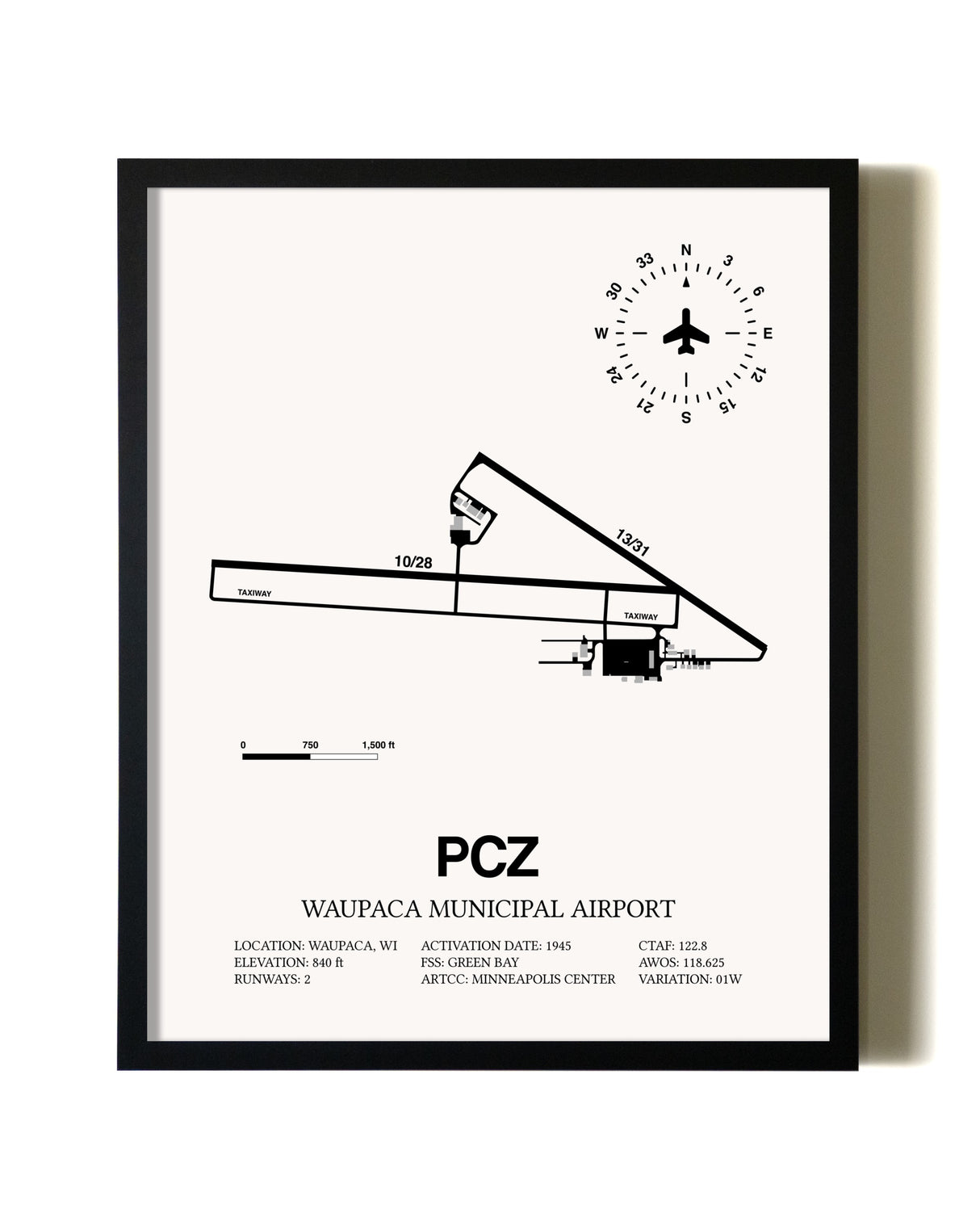 Framed Waupaca Municipal Airport wall art poster in black frame