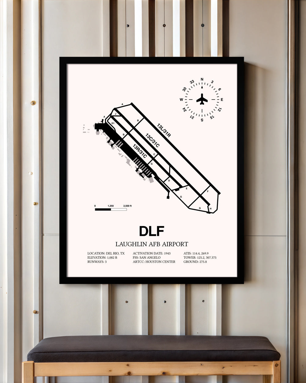 Laughlin AFB Airport framed poster displayed in an airplane hangar