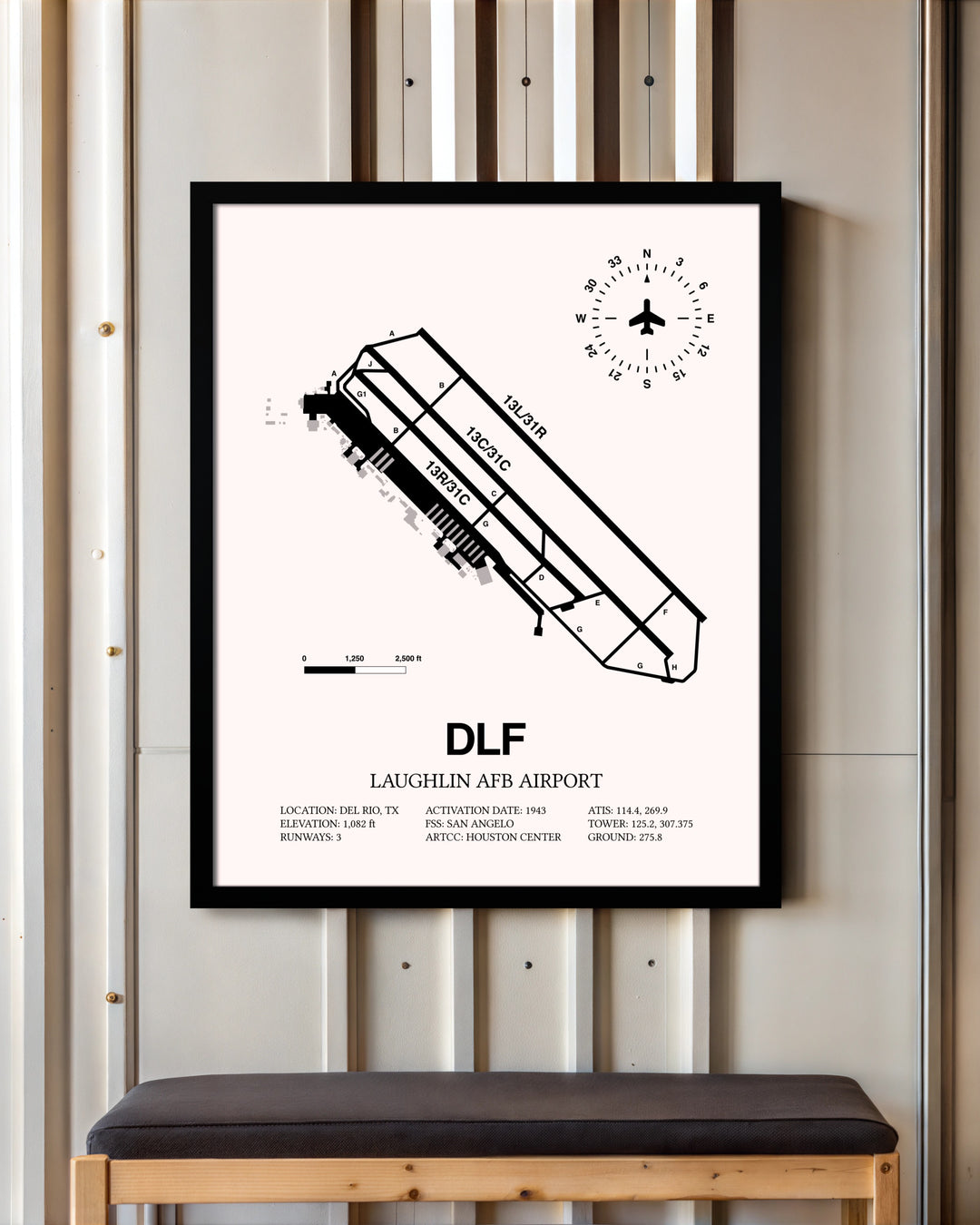 Laughlin AFB Airport framed poster displayed in an airplane hangar