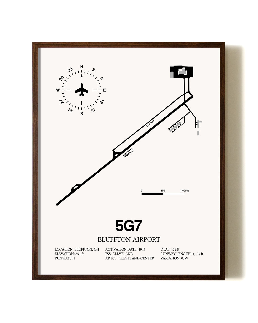 Bluffton Airport aviation print in walnut frame