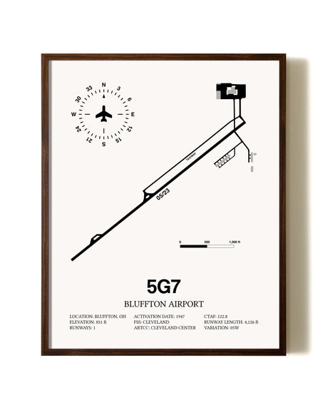 Bluffton Airport aviation print in walnut frame