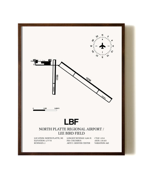 North Platte Regional Airport / Lee Bird Field aviation print in walnut frame