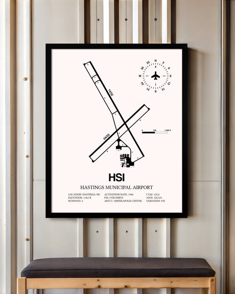 Hastings Municipal Airport framed poster displayed in an airplane hangar