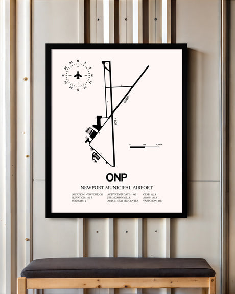 Newport Municipal Airport framed poster displayed in an airplane hangar