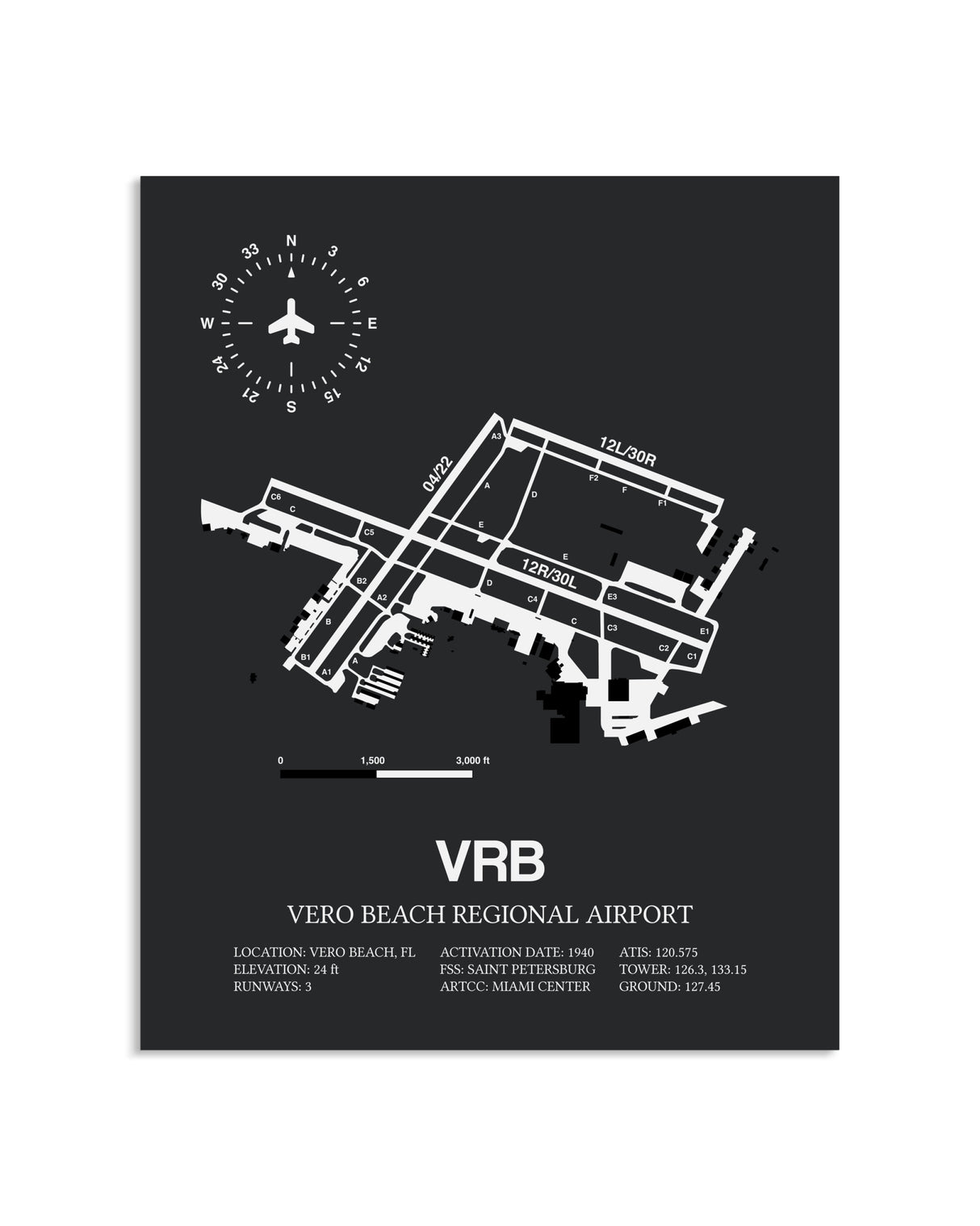 Gray Framed Vero Beach Regional Airport layout wall art poster