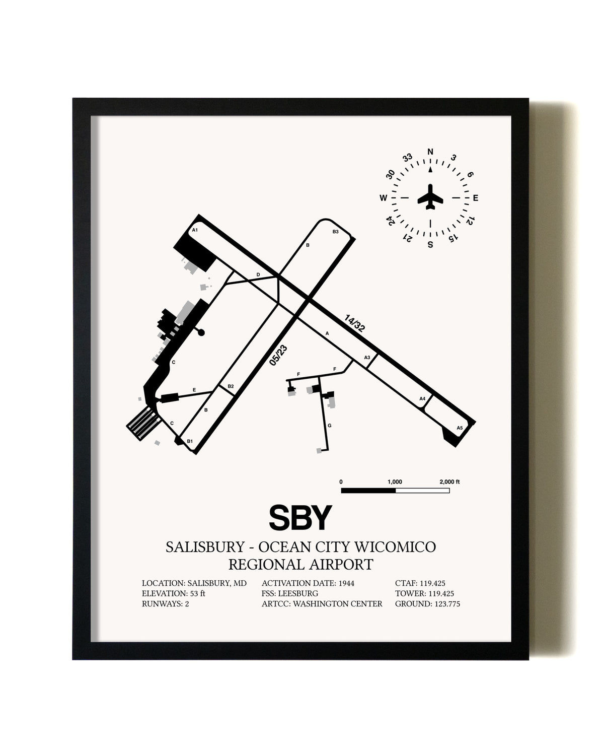 Framed Salisbury-Ocean City Wicomico Regional Airport wall art poster in black frame