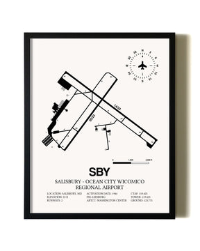 Framed Salisbury-Ocean City Wicomico Regional Airport wall art poster in black frame