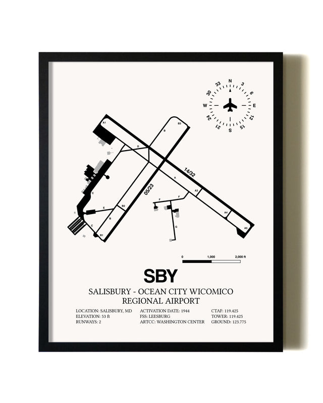 Framed Salisbury-Ocean City Wicomico Regional Airport wall art poster in black frame
