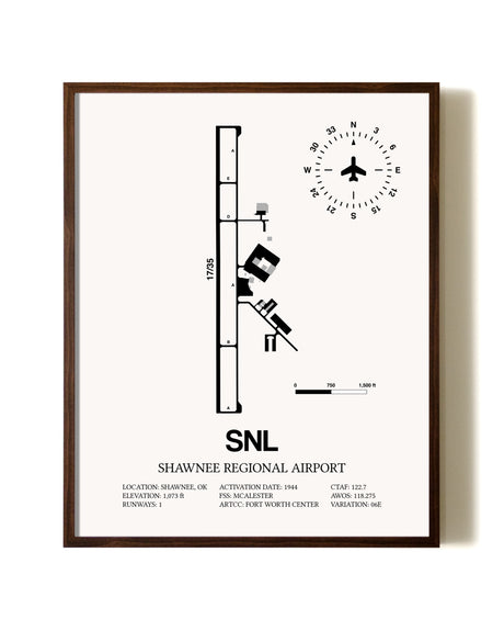 Shawnee Regional Airport aviation print in walnut frame