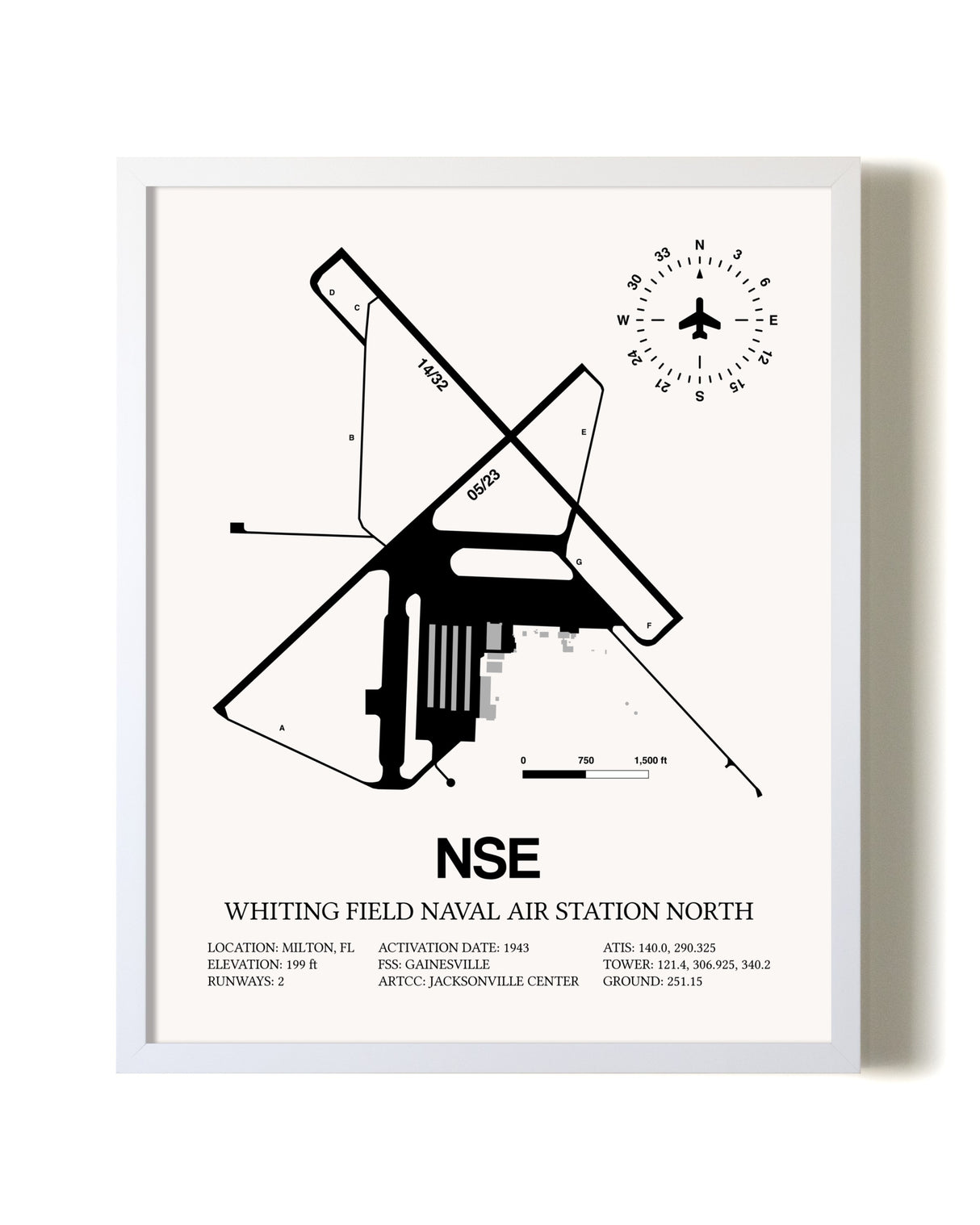 Whiting Field Naval Air Station North airport map poster in oak frame