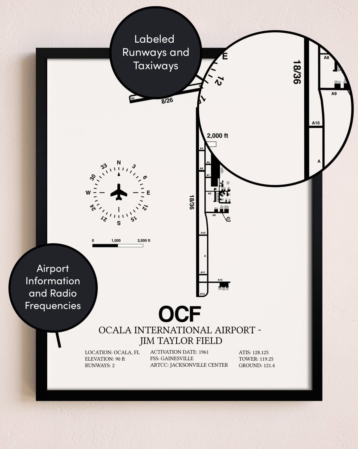 Framed Ocala International Airport-Jim Taylor Field layout wall art poster