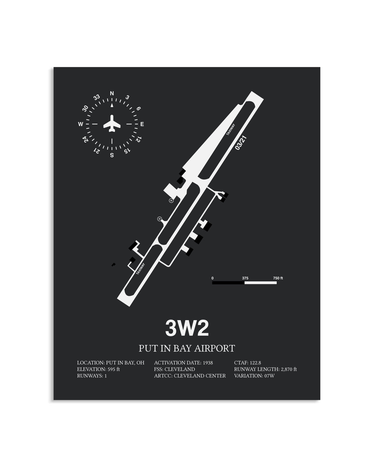 Gray Framed Put in Bay Airport layout wall art poster
