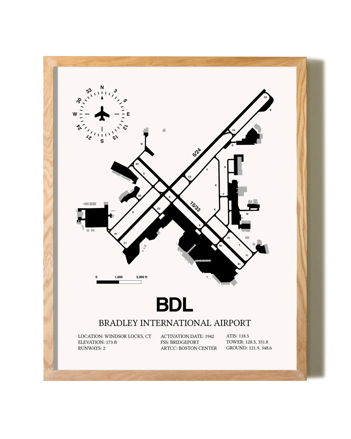 Bradley International Airport framed print in natural wood frame