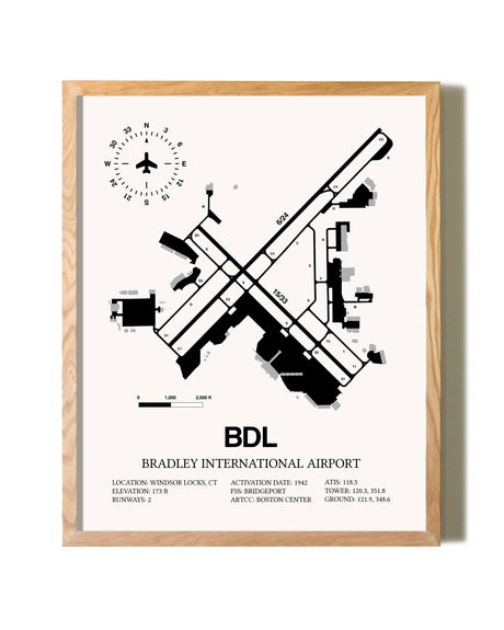 Bradley International Airport framed print in natural wood frame
