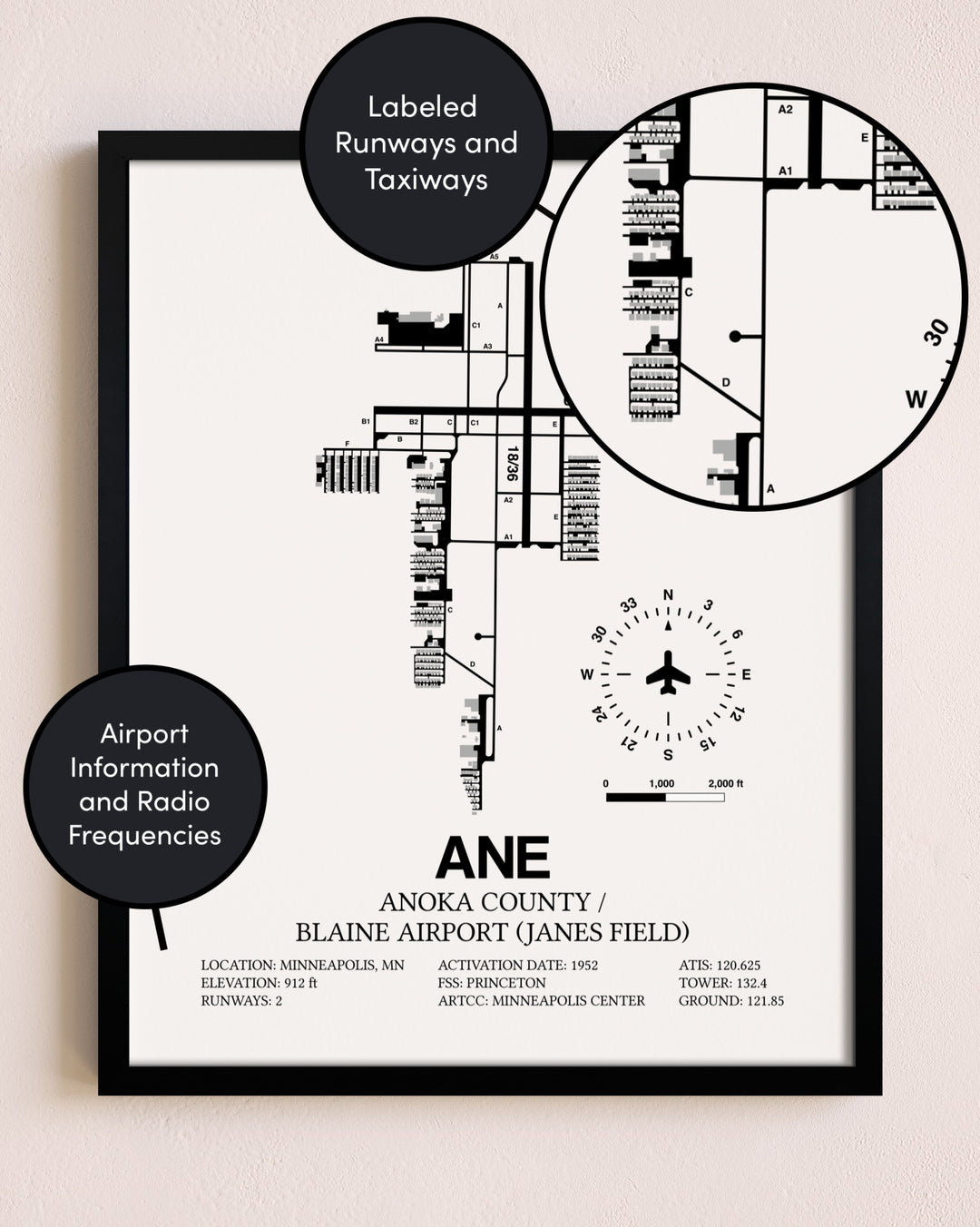 Framed Anoka County/Blaine Airport (Janes Field) layout wall art poster