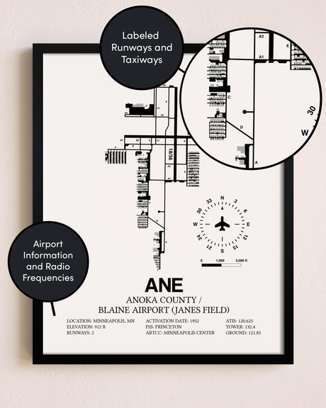 Framed Anoka County/Blaine Airport (Janes Field) layout wall art poster