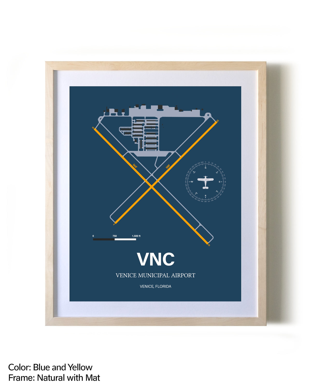 Venice Municipal Airport framed print in natural wood frame with mat