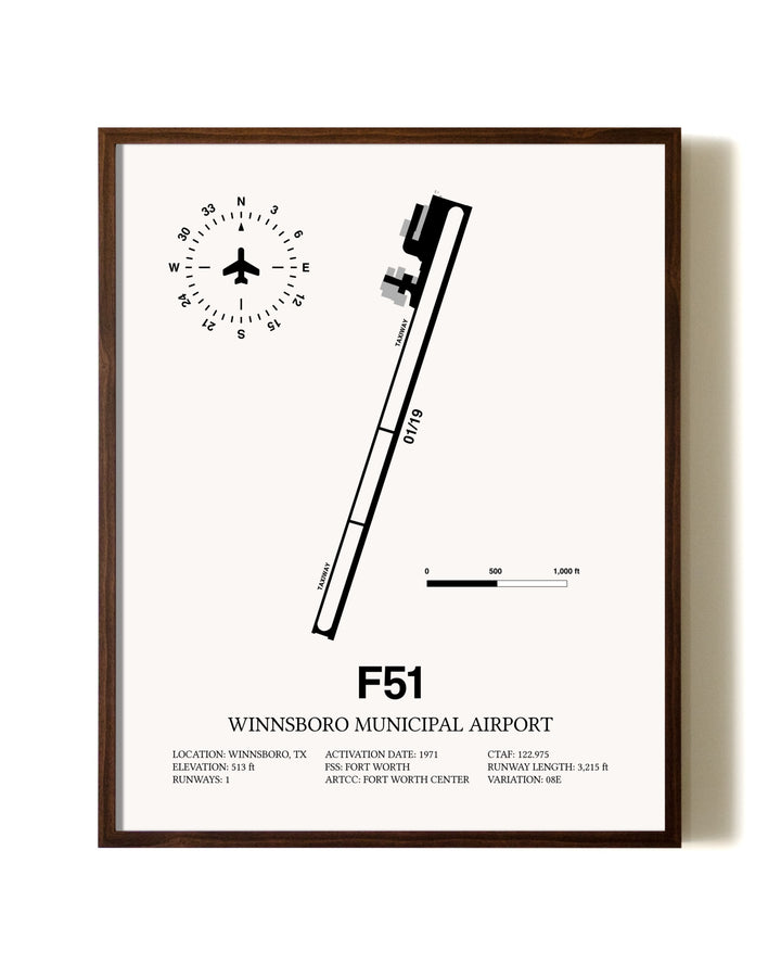 Winnsboro Municipal Airport aviation print in walnut frame