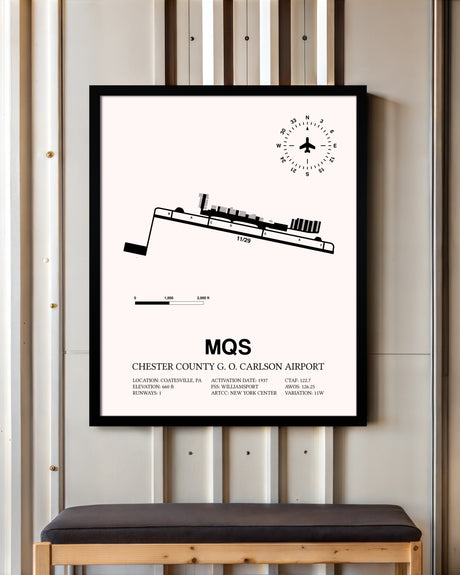Chester County G. O. Carlson Airport framed poster displayed in an airplane hangar